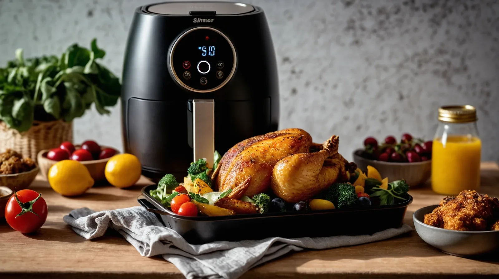 Colorful array of food items in an air fryer basket