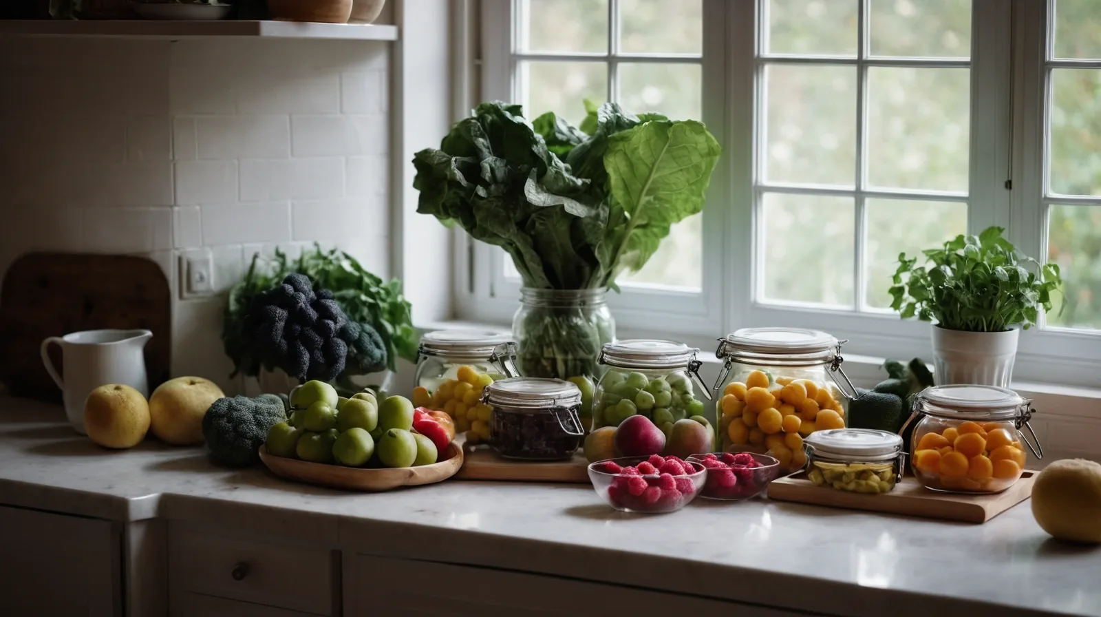 A variety of glass containers filled with colorful vegetables and stews on a kitchen counter.