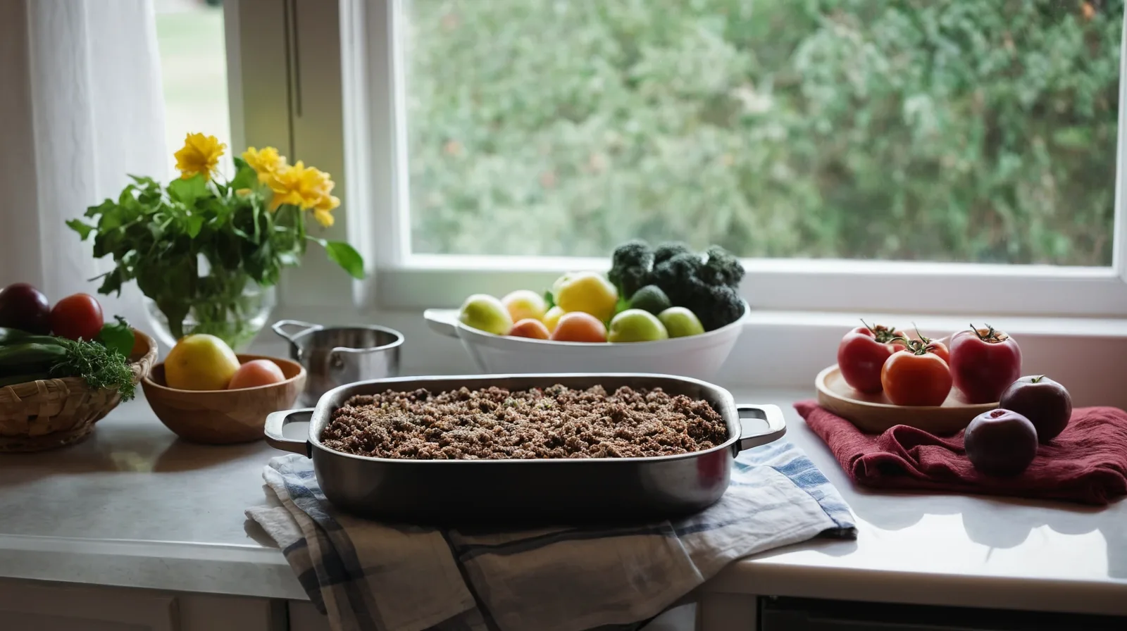 Brown ground beef in a skillet on the stovetop with spatula leaning against the pan.