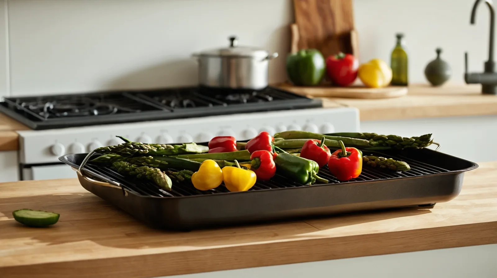 Colorful grilled vegetables arranged on a platter with grill marks.
