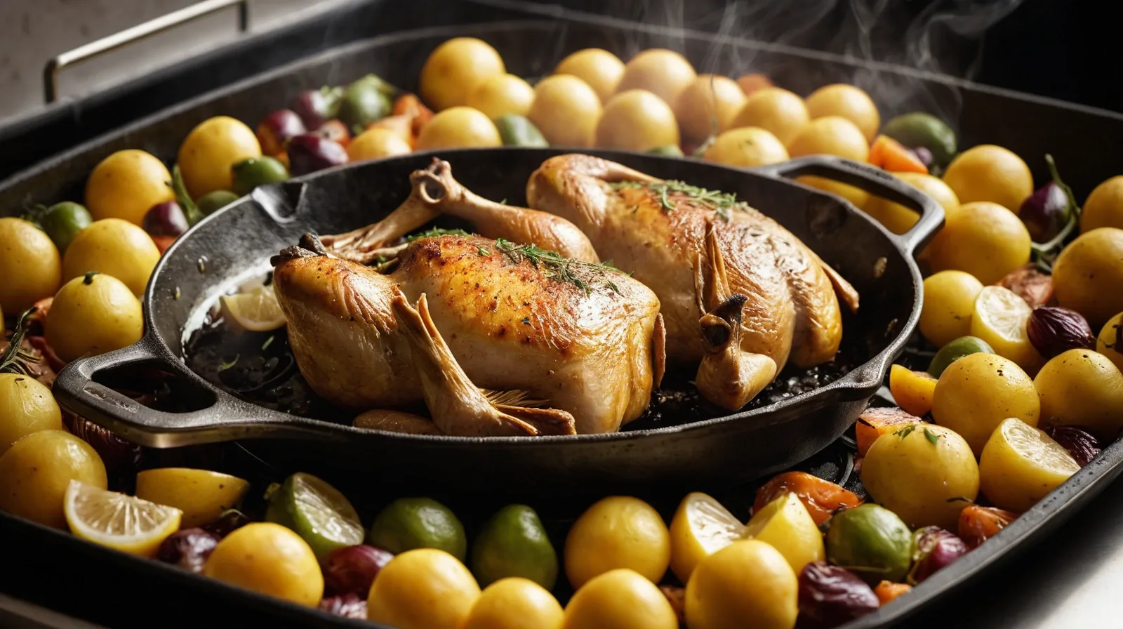 A sizzling cast iron skillet with roasted vegetables and a seared steak.