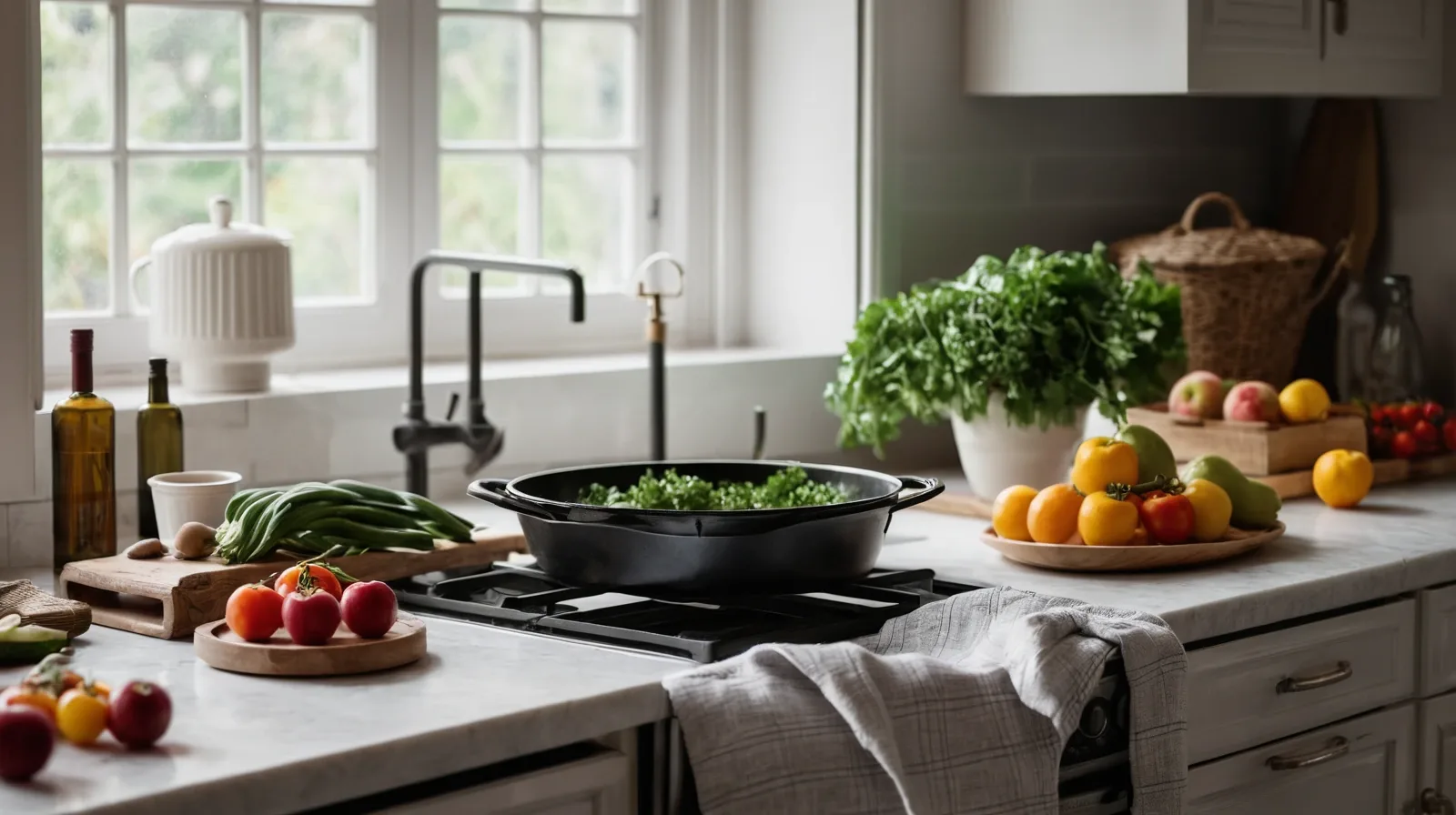 A small cast iron skillet with a vibrant stir-fry on the stovetop.
