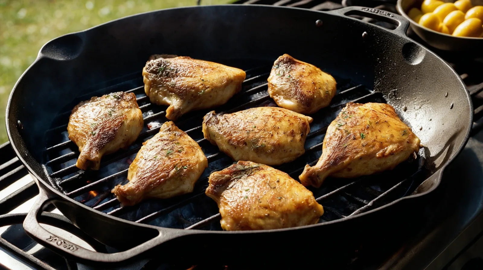 A cast iron skillet on a grill with glowing coals in the background