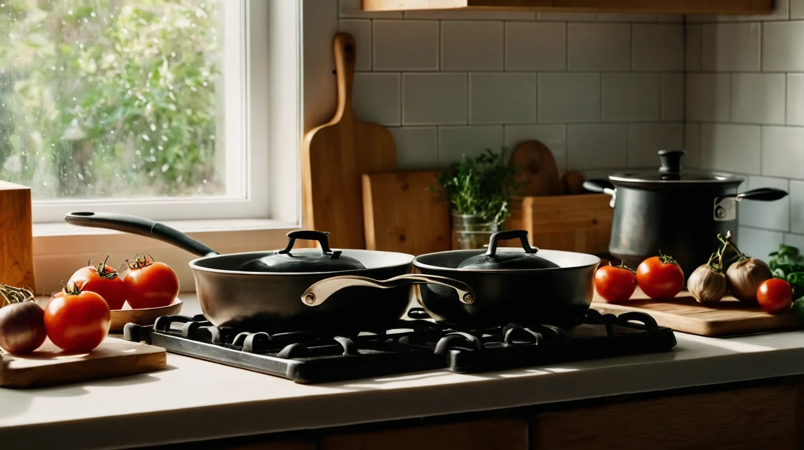 A close-up of a variety of mushrooms and tomatoes arranged on a wooden cutting board.