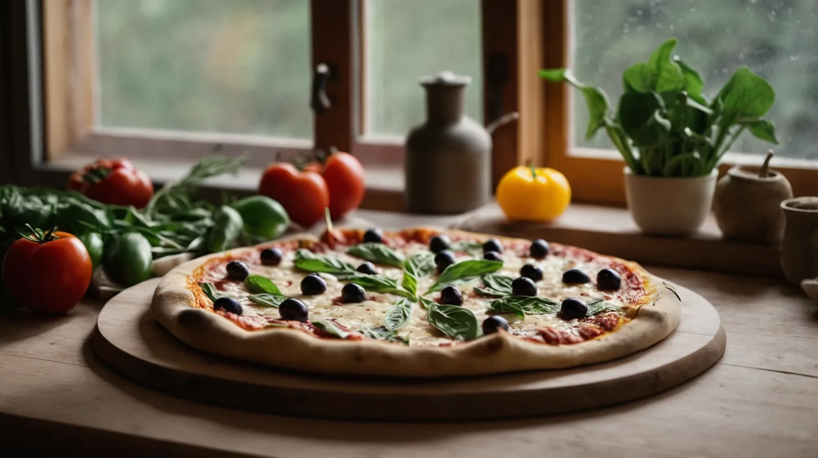 A golden, bubbly pizza fresh from the oven with a variety of colorful toppings.