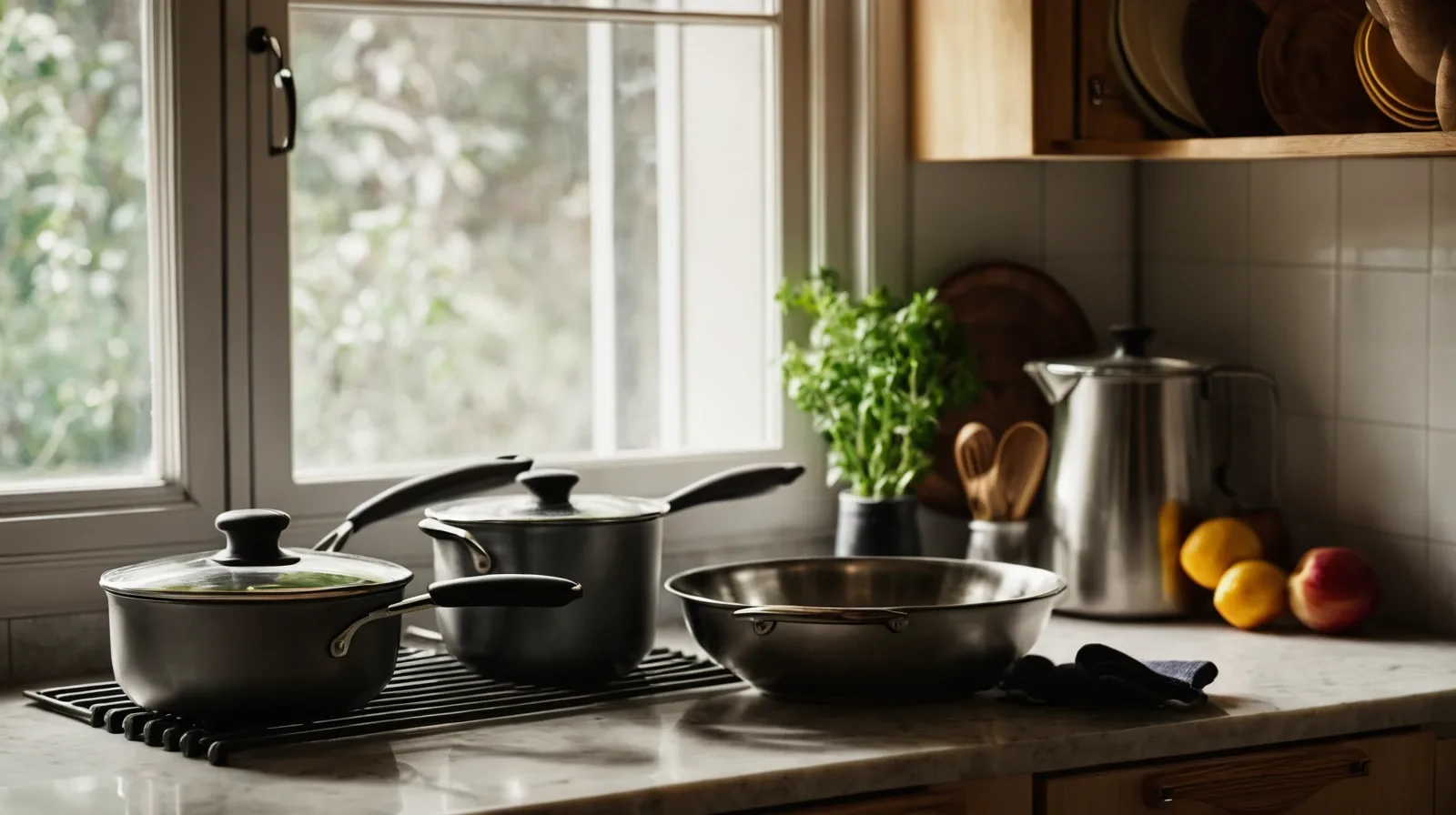A collection of various kitchen tools arranged neatly on a wooden countertop.