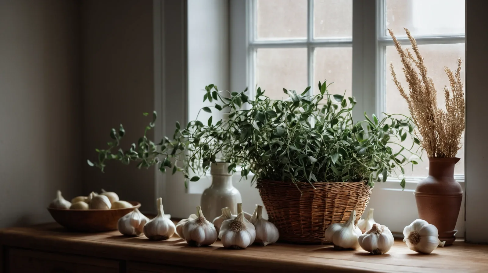 A close-up of garlic cloves arranged on a wooden cutting board