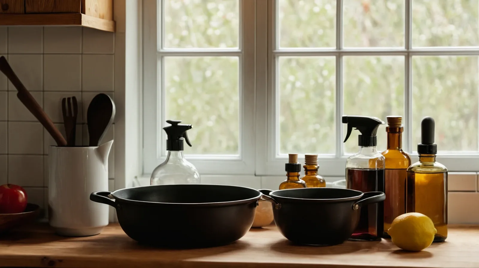 Glass bottles of various vinegars arranged on a wooden shelf