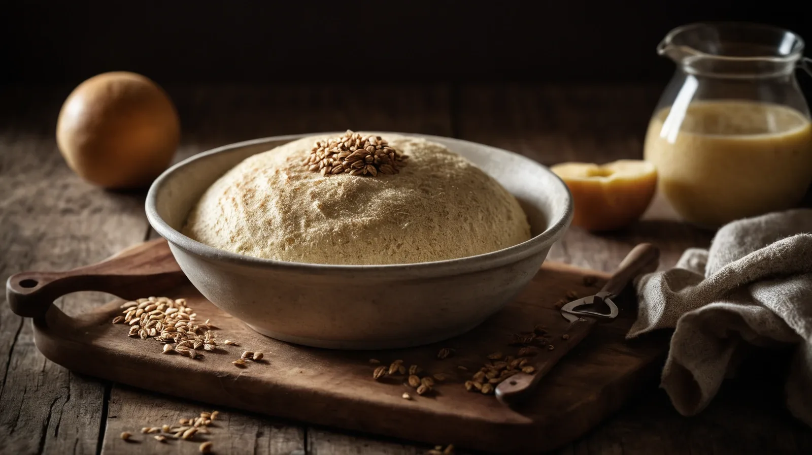 A bowl of dough with yeast working its magic, covered with a kitchen towel