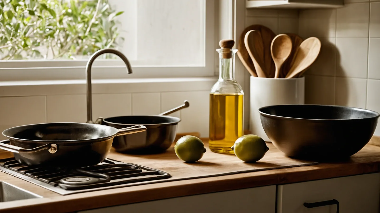 A glass bottle of olive oil on a wooden kitchen counter with fresh olives in a bowl nearby.