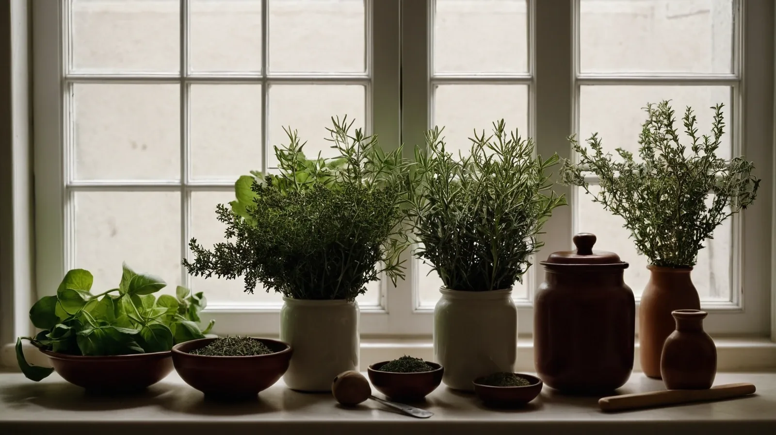 Bunches of fresh herbs and jars of dried herbs on a wooden kitchen counter
