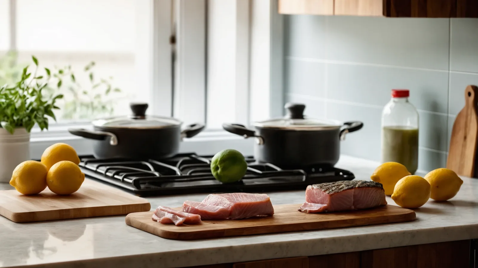 Colorful assortment of raw fish fillets and steak cuts on a chilled marble surface