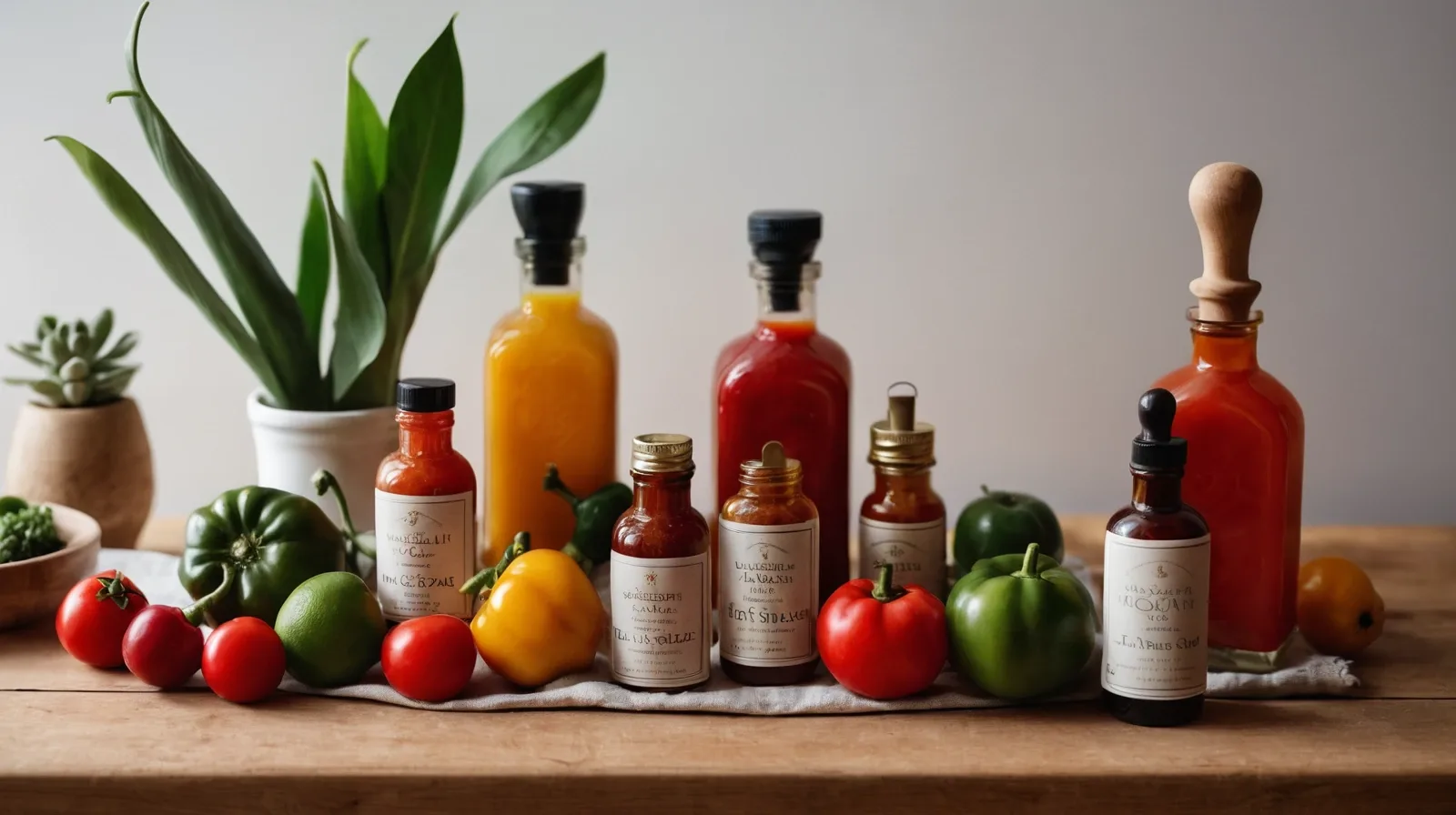 Colorful bottles of hot sauce against a rustic wooden background