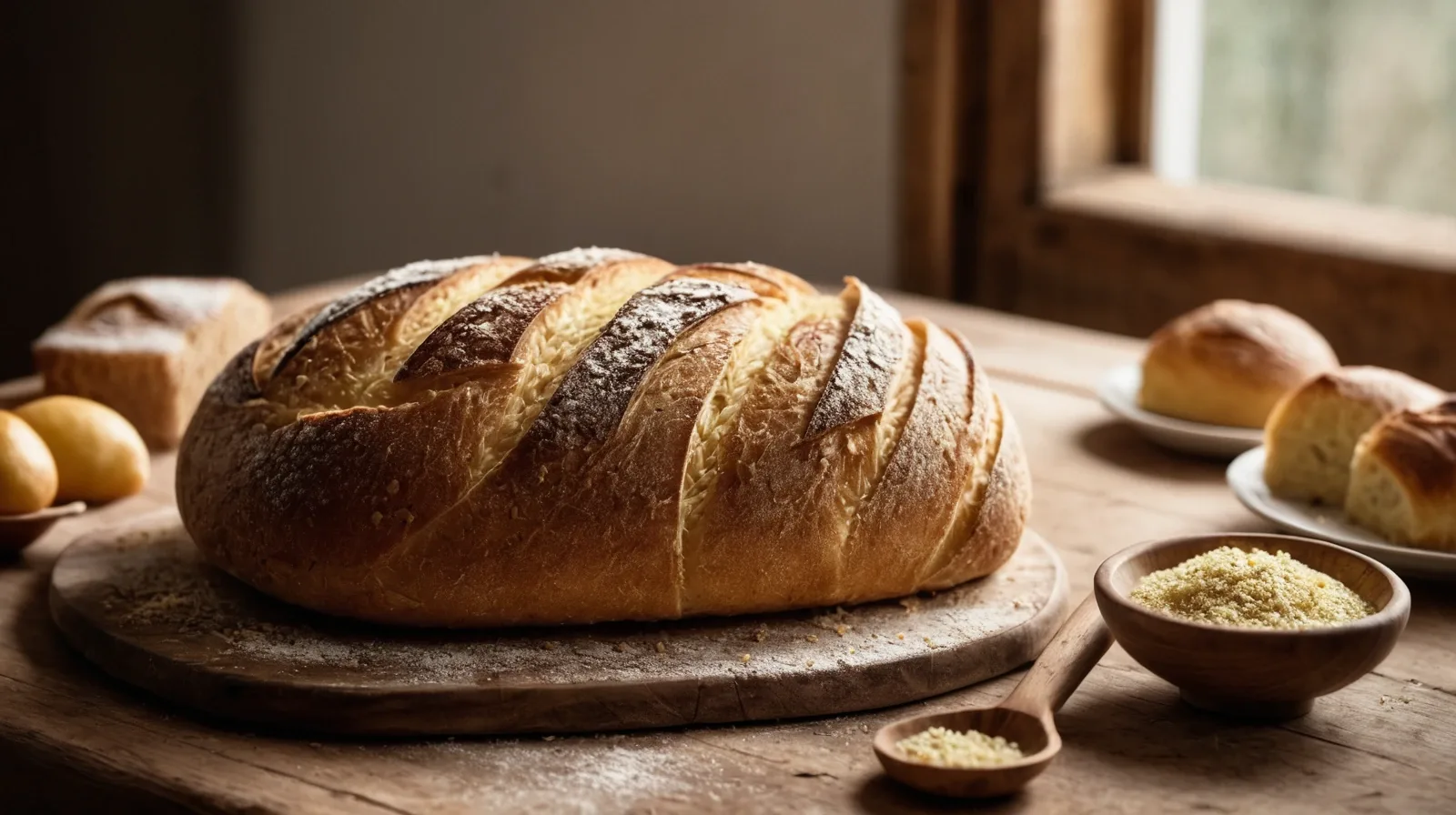 A loaf of bread, a plate of pasta, and assorted baked goods on a wooden table.