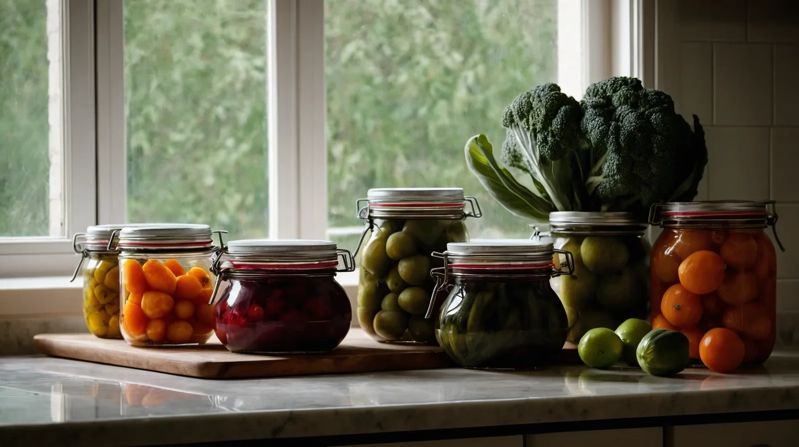 Jars filled with colorful pickled vegetables resting on a wooden shelf.