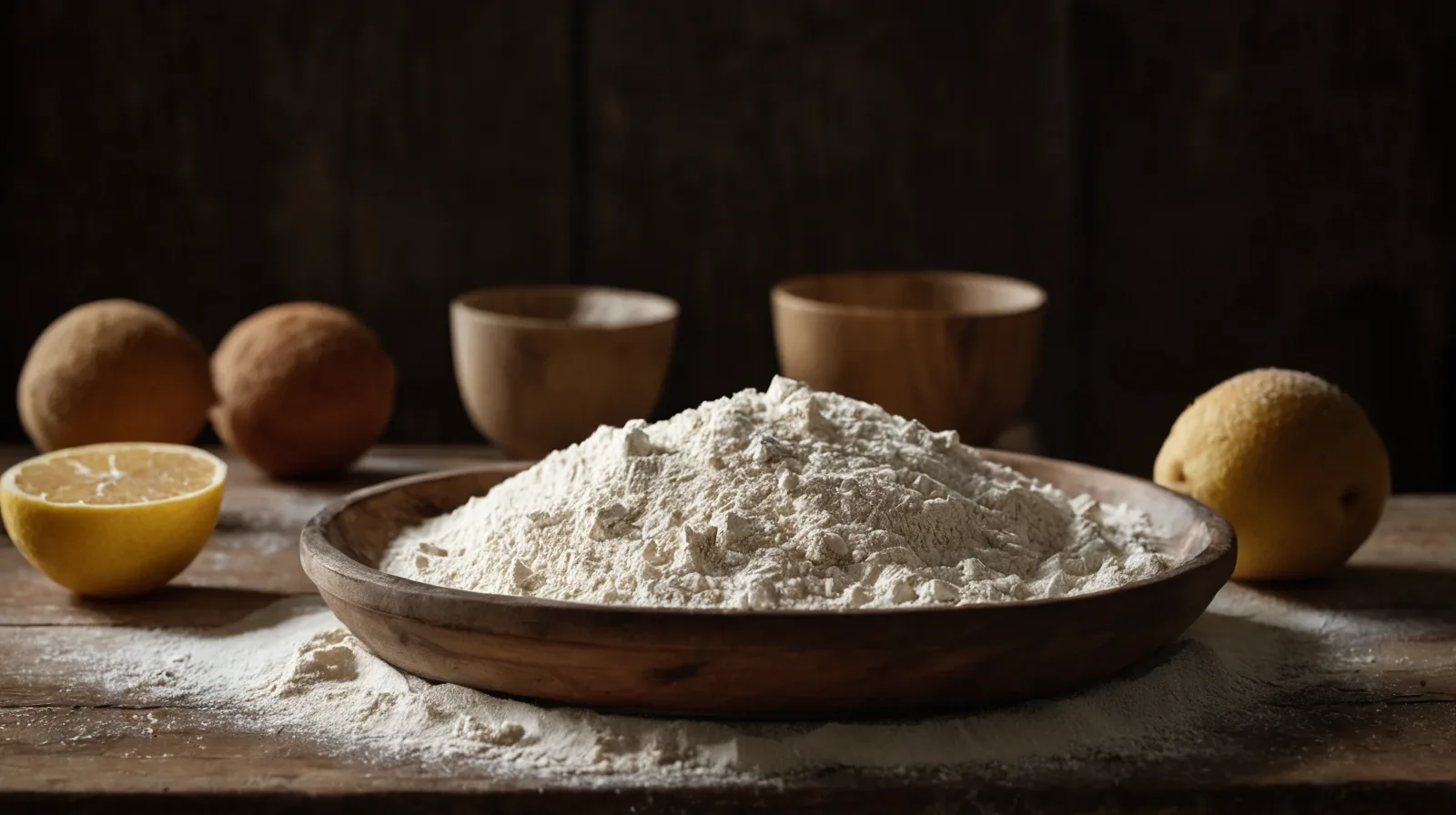 A close-up of assorted flours in clear jars against a wooden backdrop.