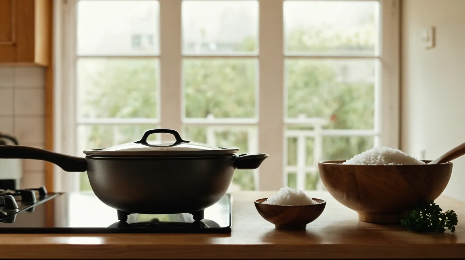 A fluffy pile of white rice in a wooden bowl