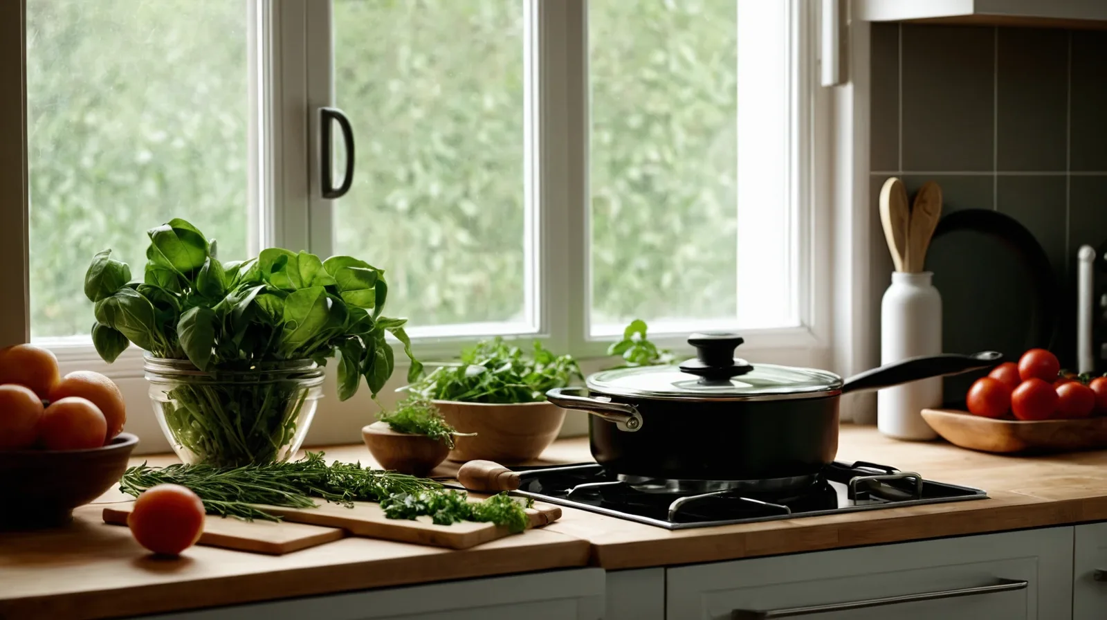 A variety of fresh herbs laid out on a wooden cutting board