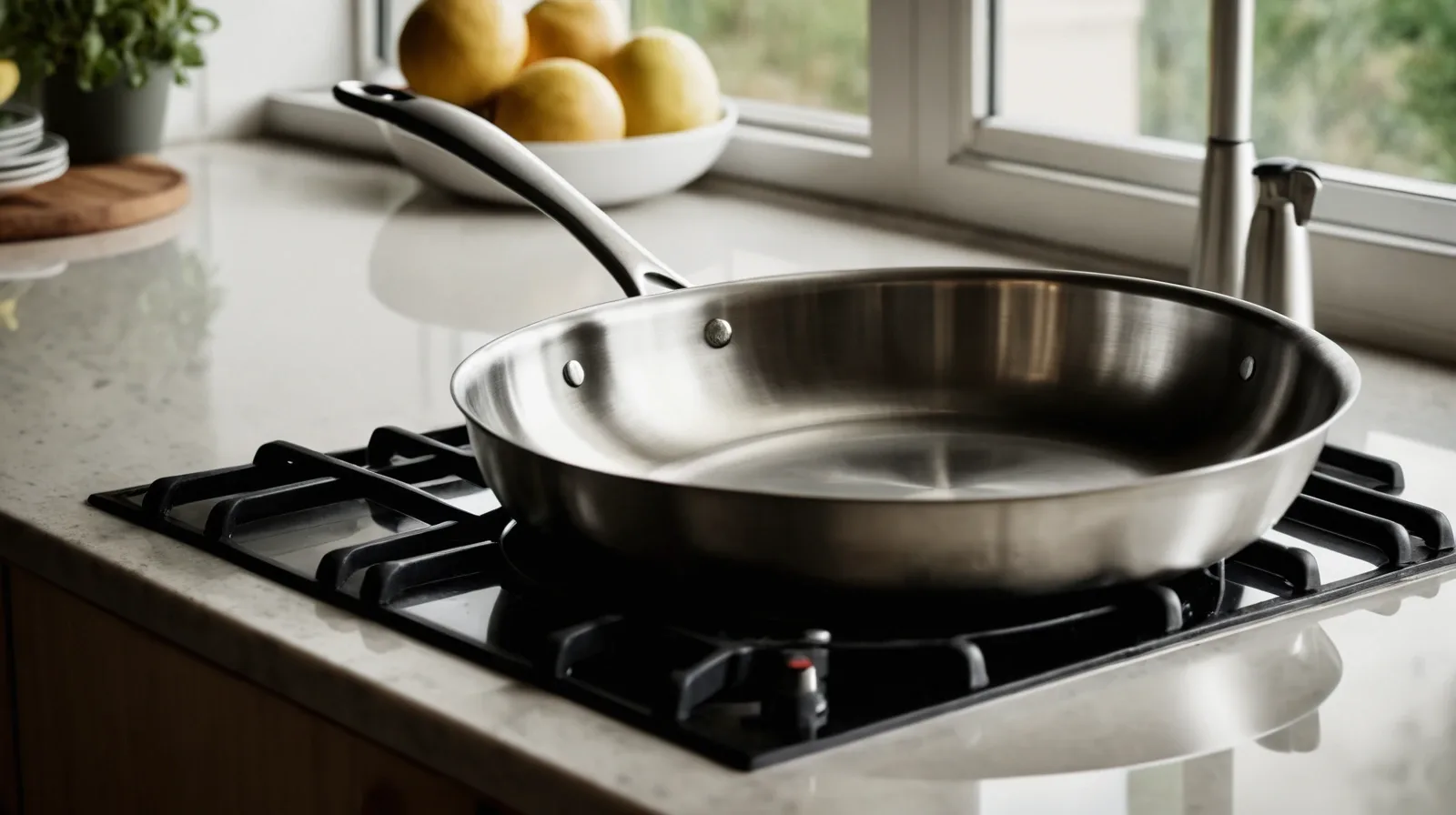 Empty stainless steel pan with steam rising from a swirl of liquid.