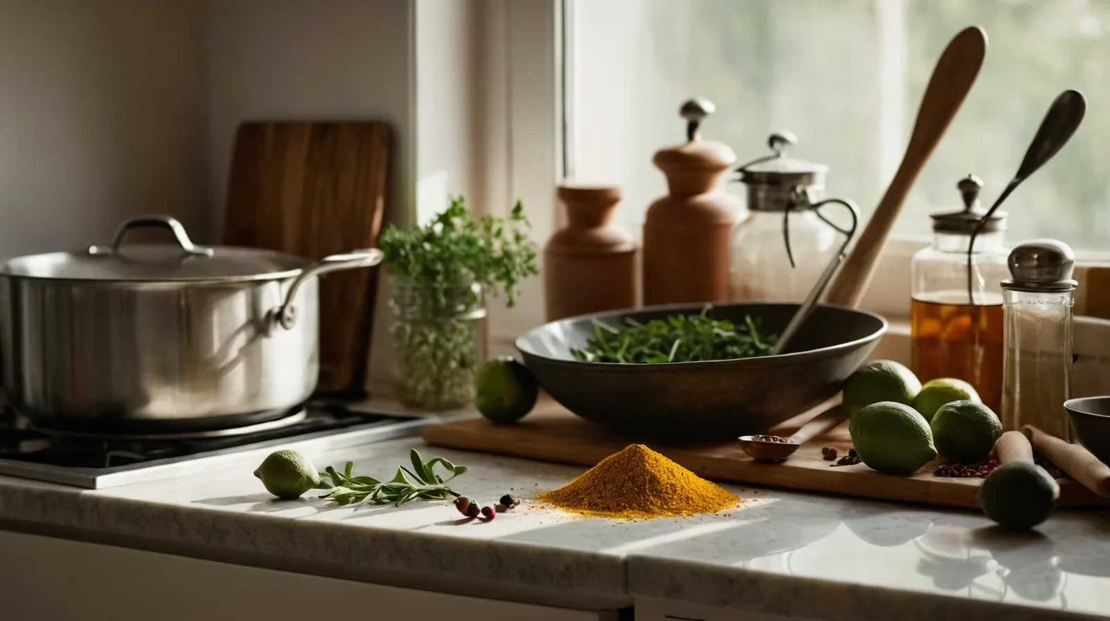 A collection of various spices and herbs laid out on a wooden cutting board