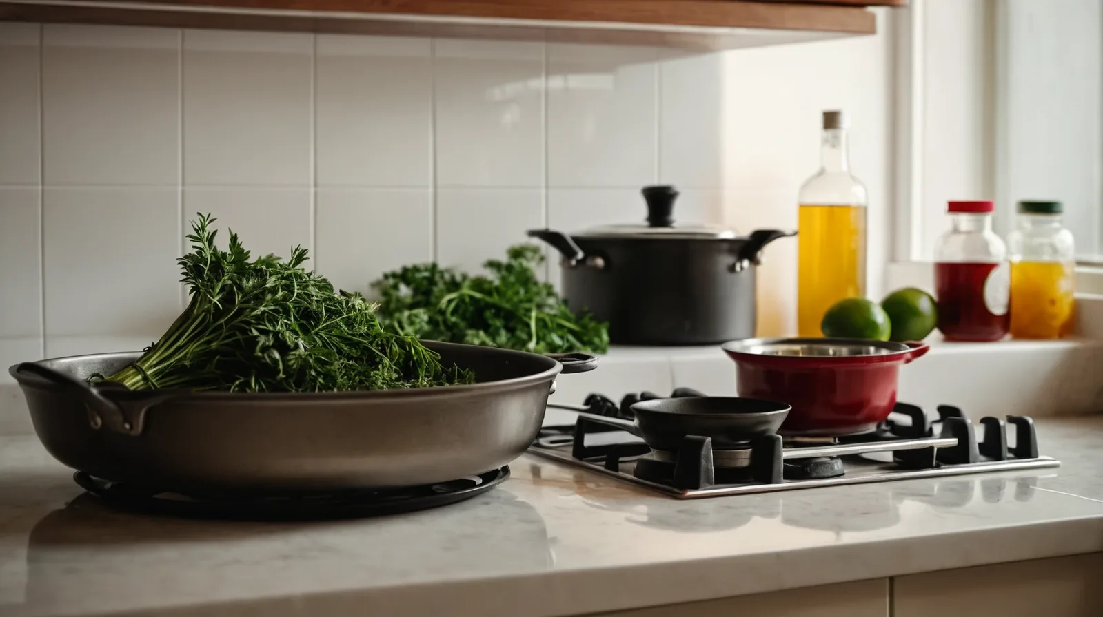 Fresh herbs and jars of stock and sauce in a freezer