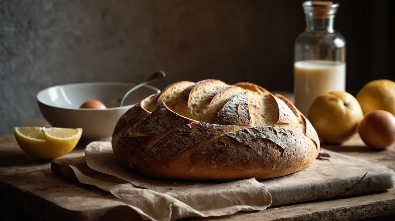 A loaf of golden brown bread with a crispy crust and airy interior.