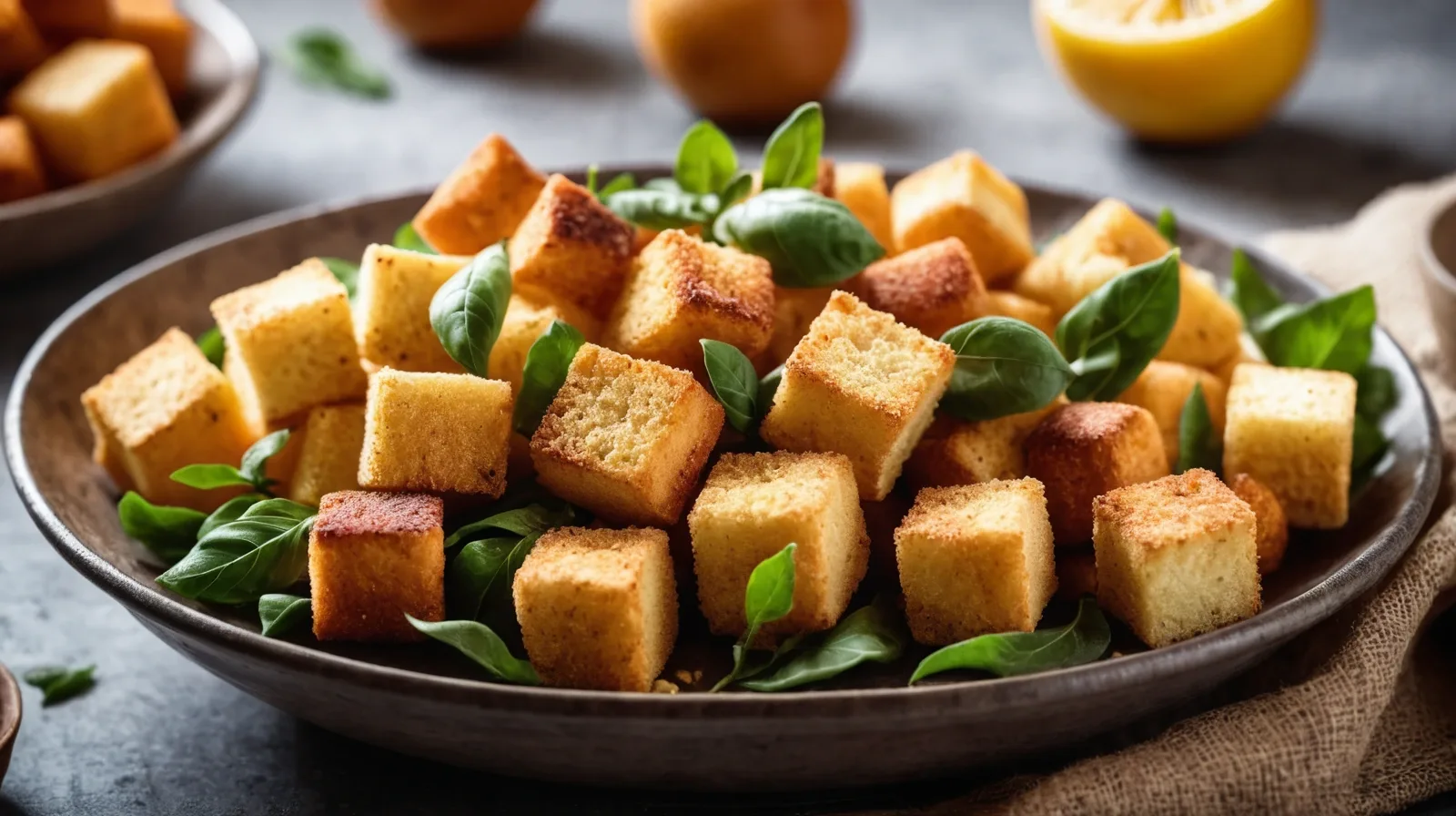 A bowl filled with golden brown homemade croutons