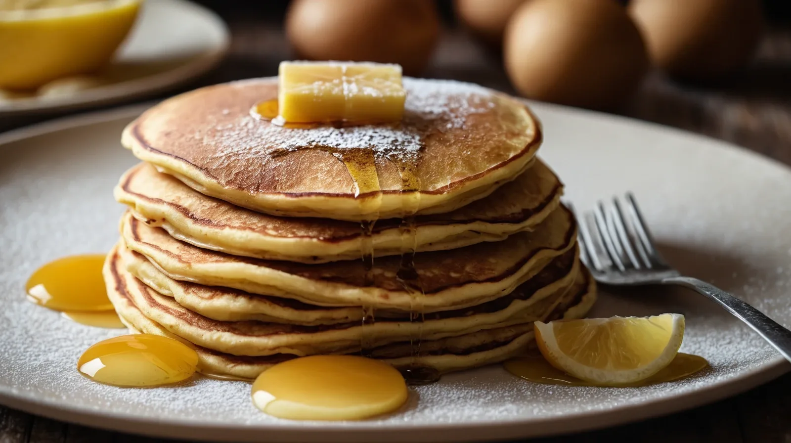 Stack of golden pancakes on a white plate with butter melting on top