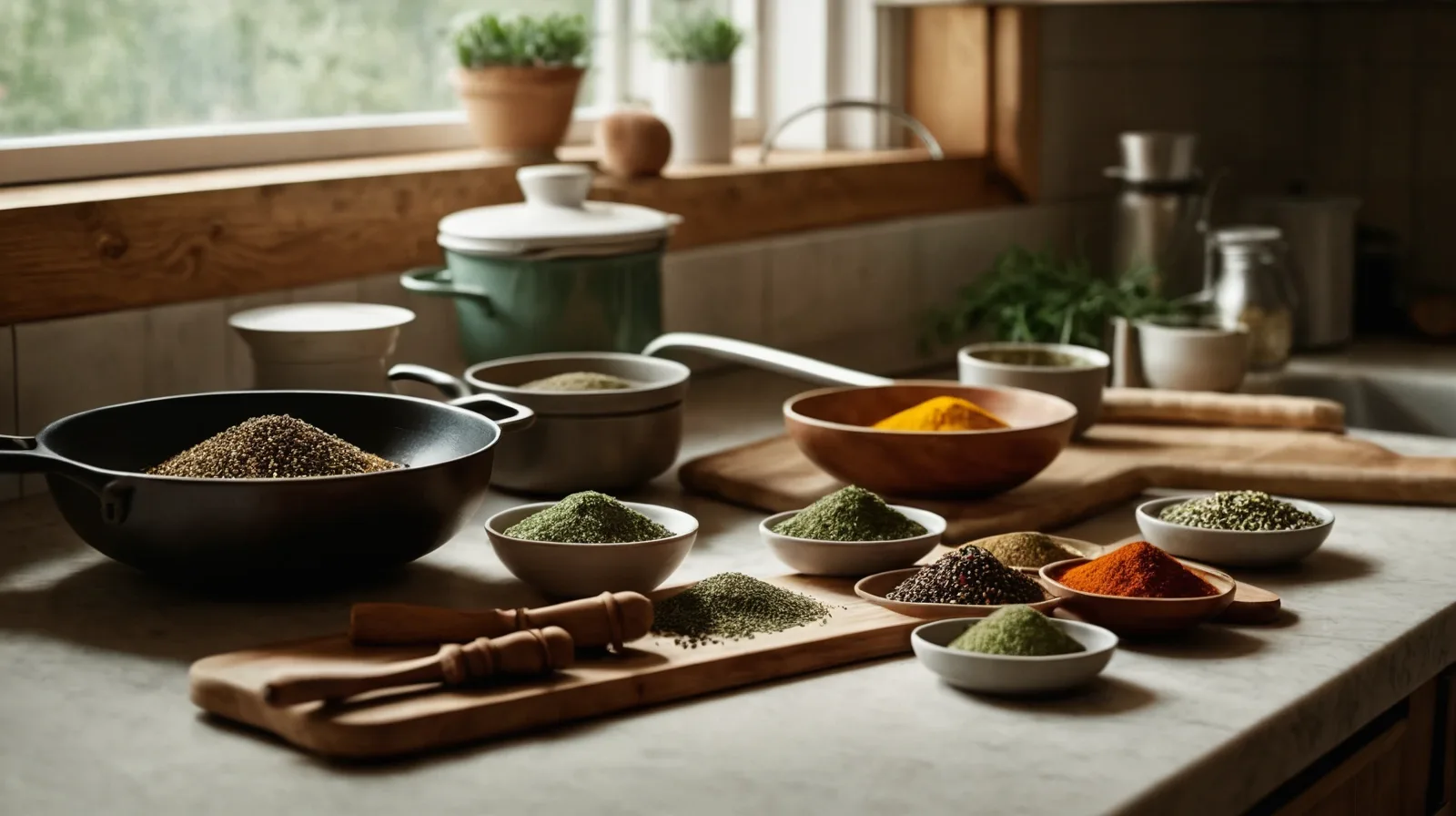 A collection of various spices in small jars on a wooden countertop