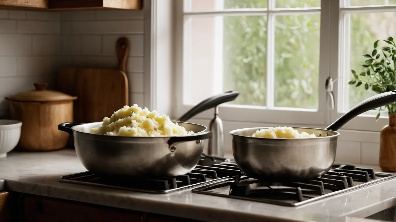 A bowl of golden mashed potatoes with a spoon resting against it.