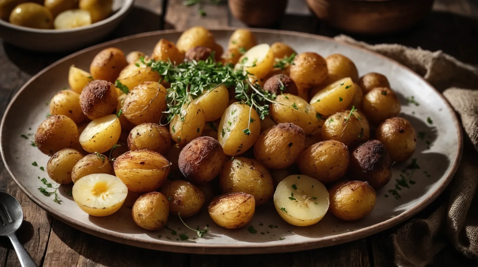 Golden brown crispy potato wedges on a wooden board with fresh herbs