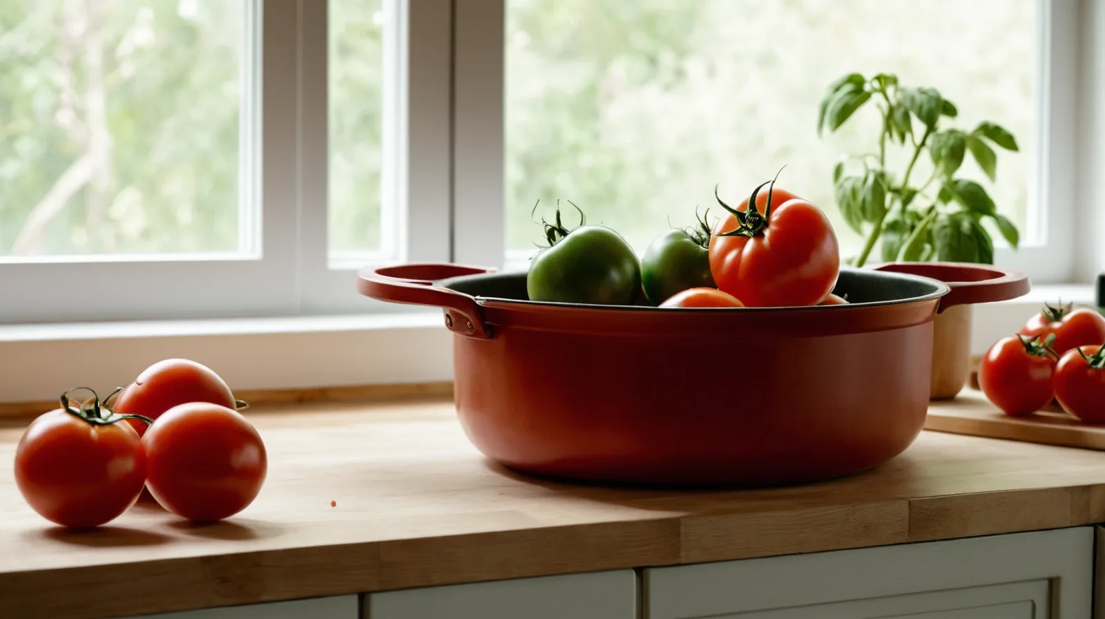 A basket full of ripe tomatoes in varying sizes and colors