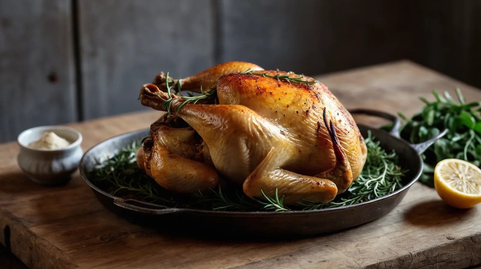 A golden roasted chicken on a baking sheet surrounded by vegetables