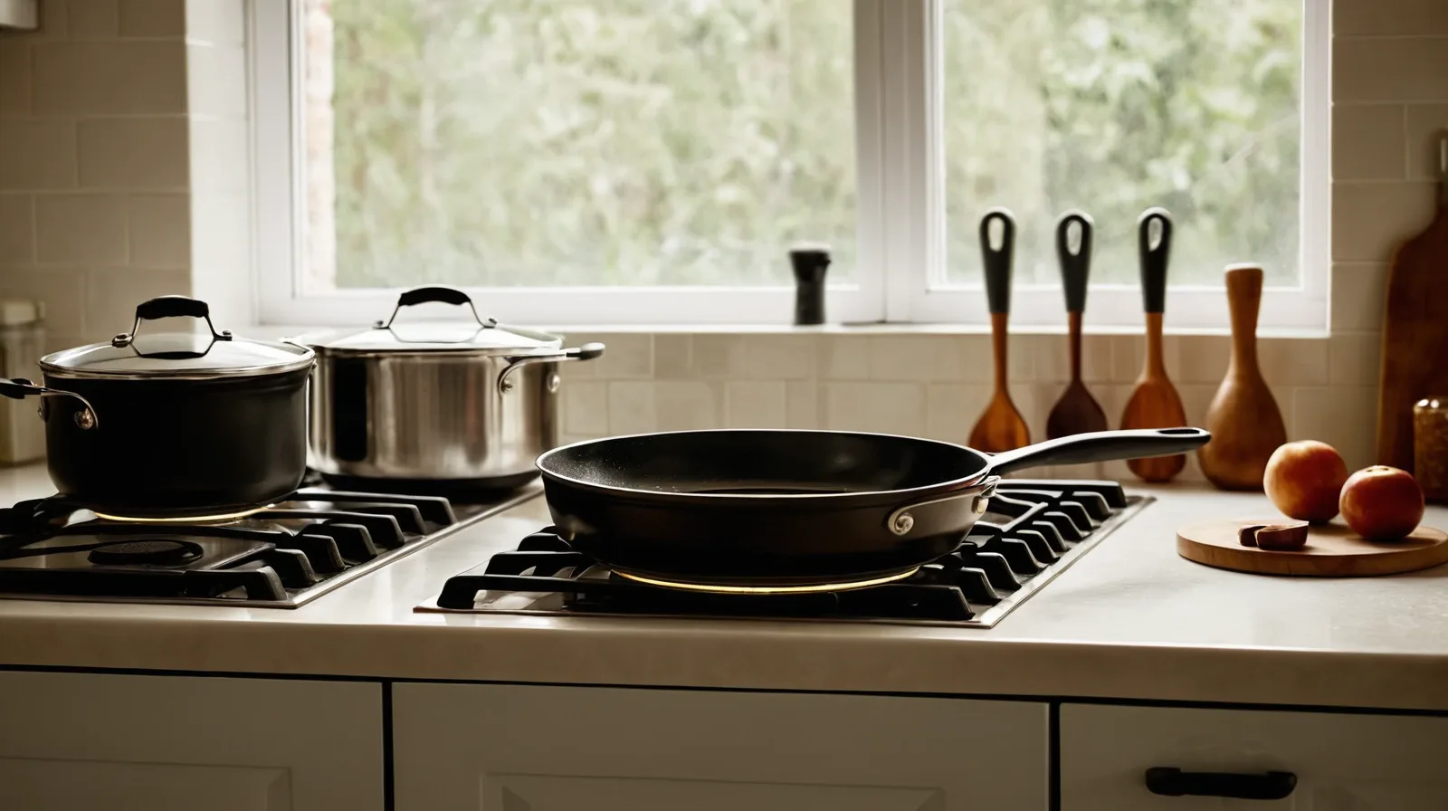 A stainless steel saucepan with sauce gently bubbling over medium heat on a stovetop.