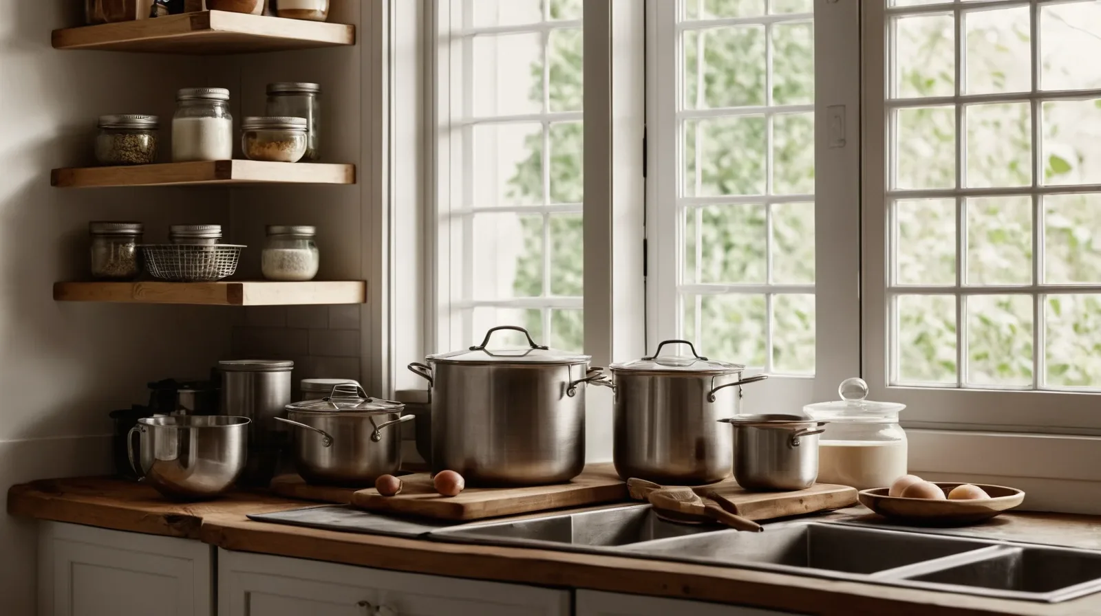 A selection of baking ingredients arranged on wooden shelves