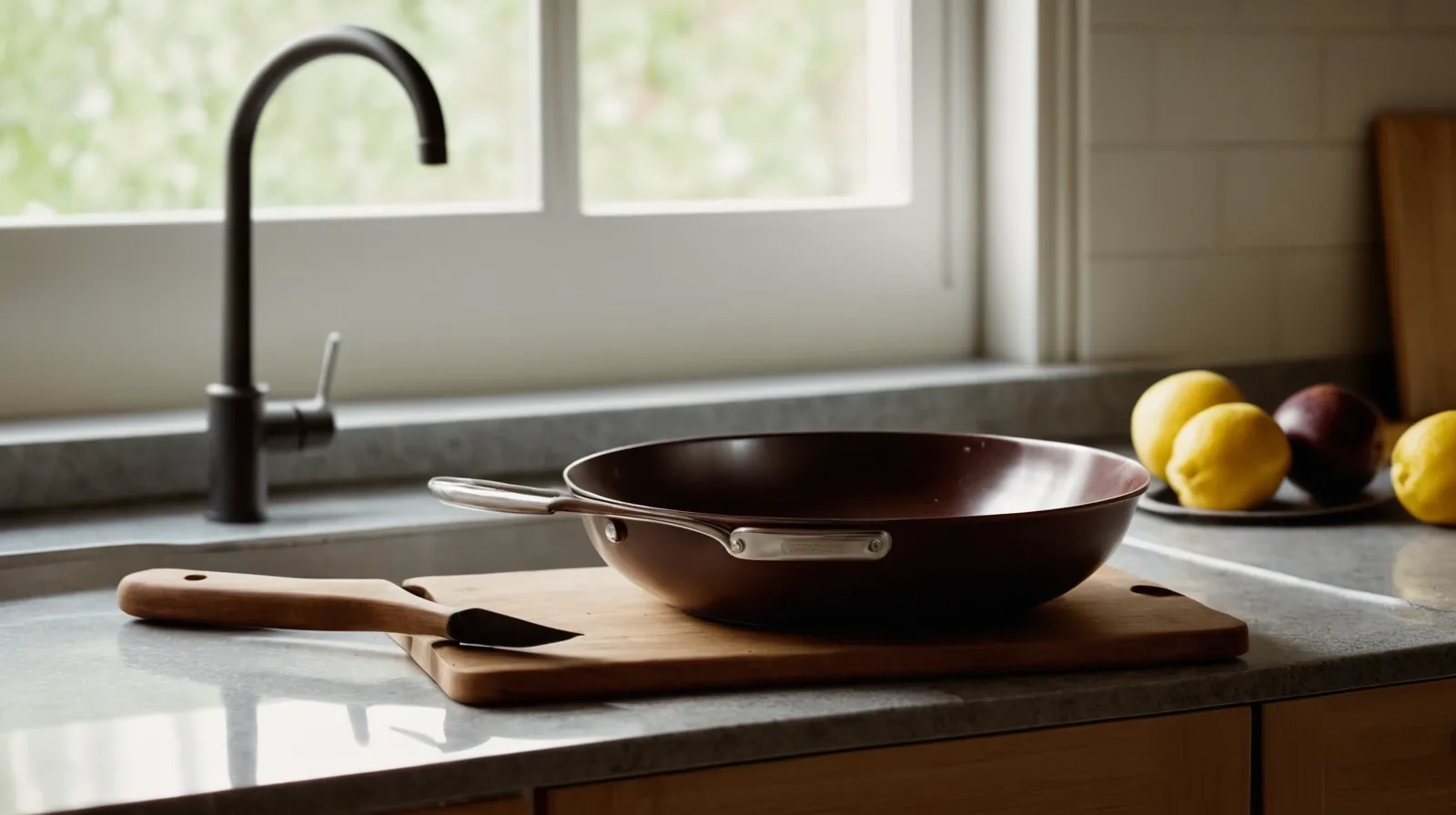 A bowl of smooth, shiny tempered chocolate resting on a wooden counter.