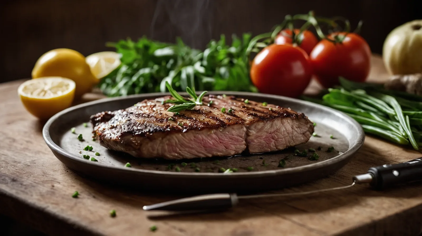A digital meat thermometer inserted into a roast on a cutting board.
