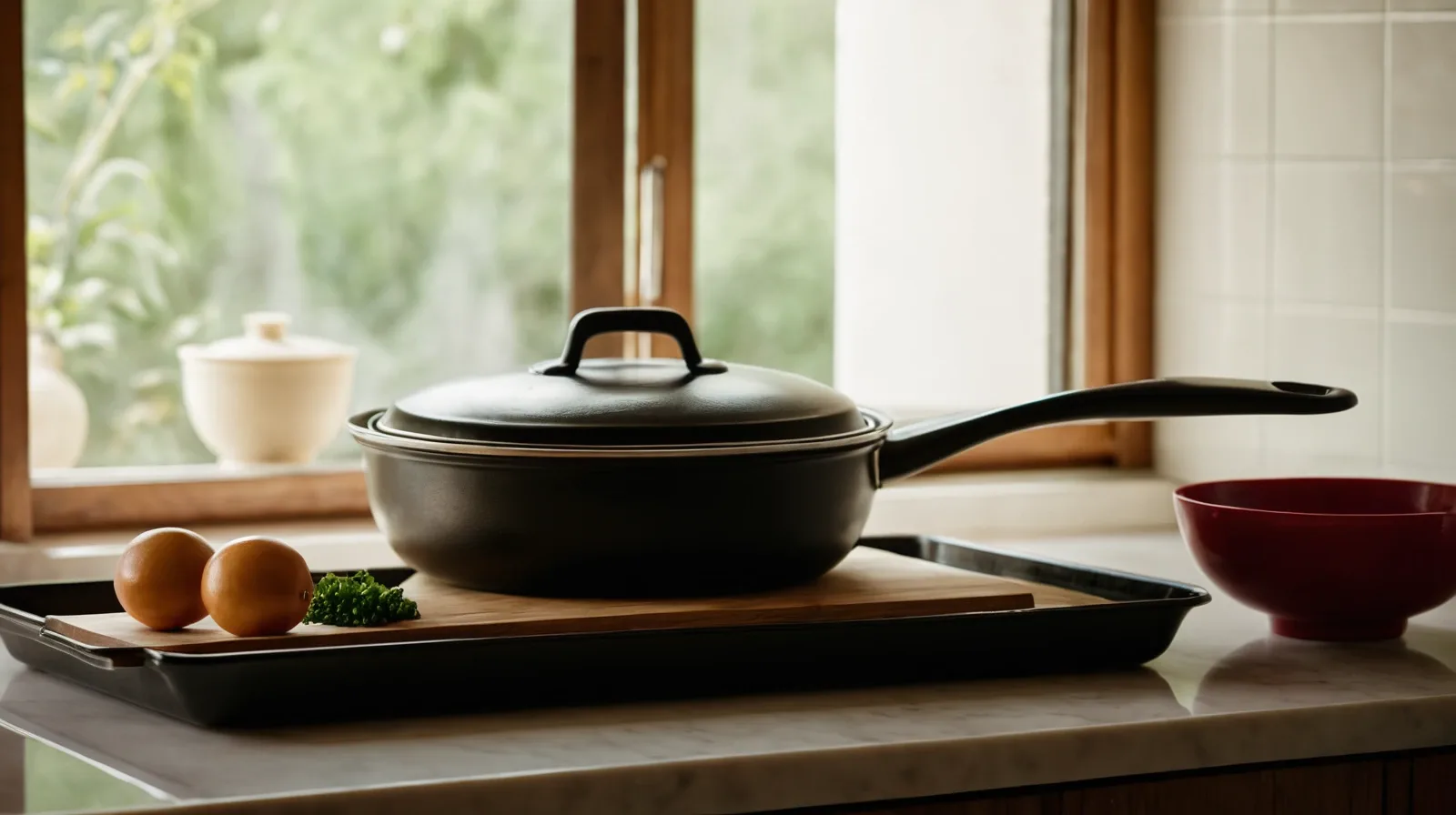 A wooden bowl filled with dark soy sauce next to a variety of fresh vegetables and sliced meats.