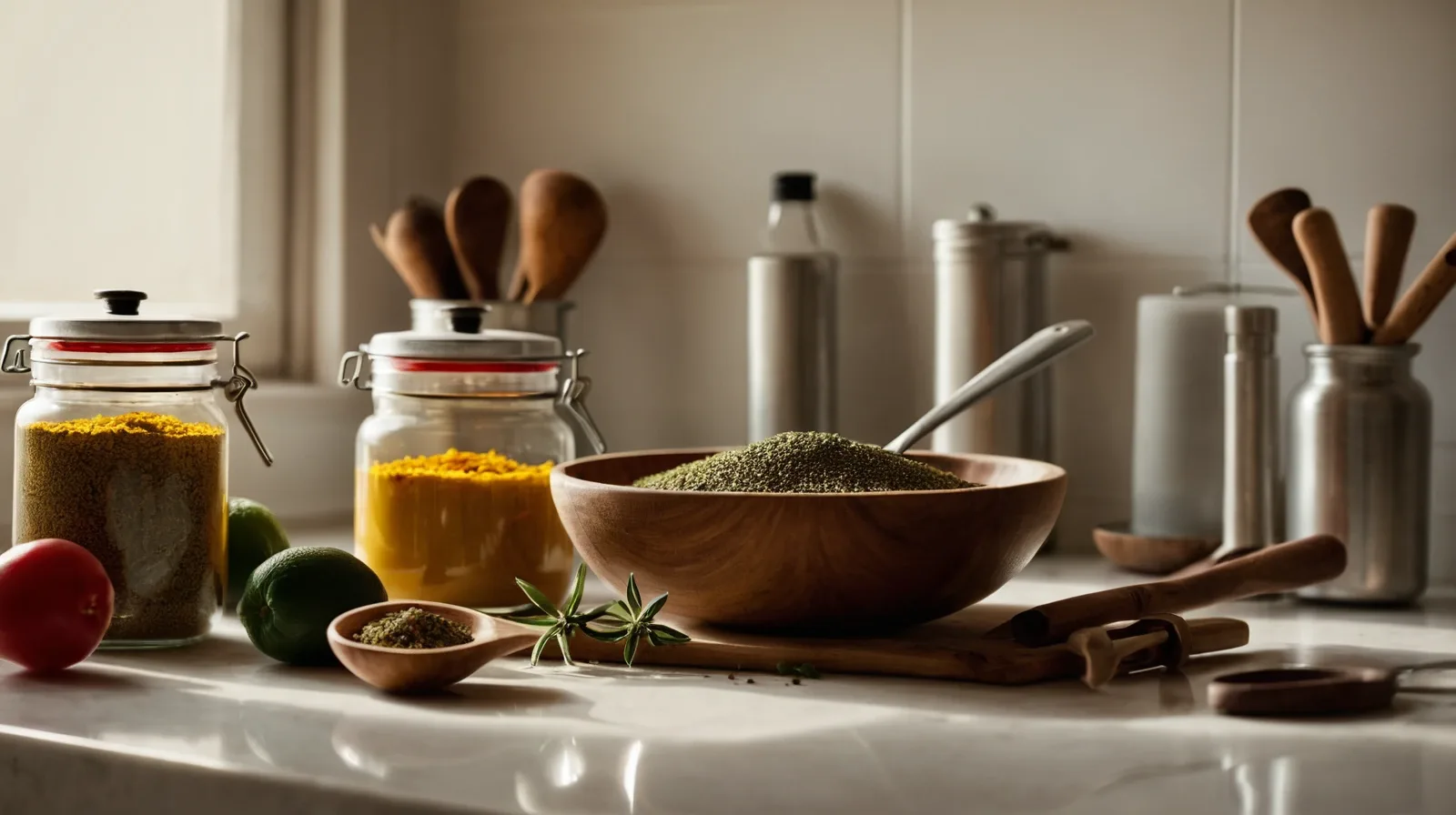 A close-up of various spices arranged in a wooden bowl with a rustic spoon.