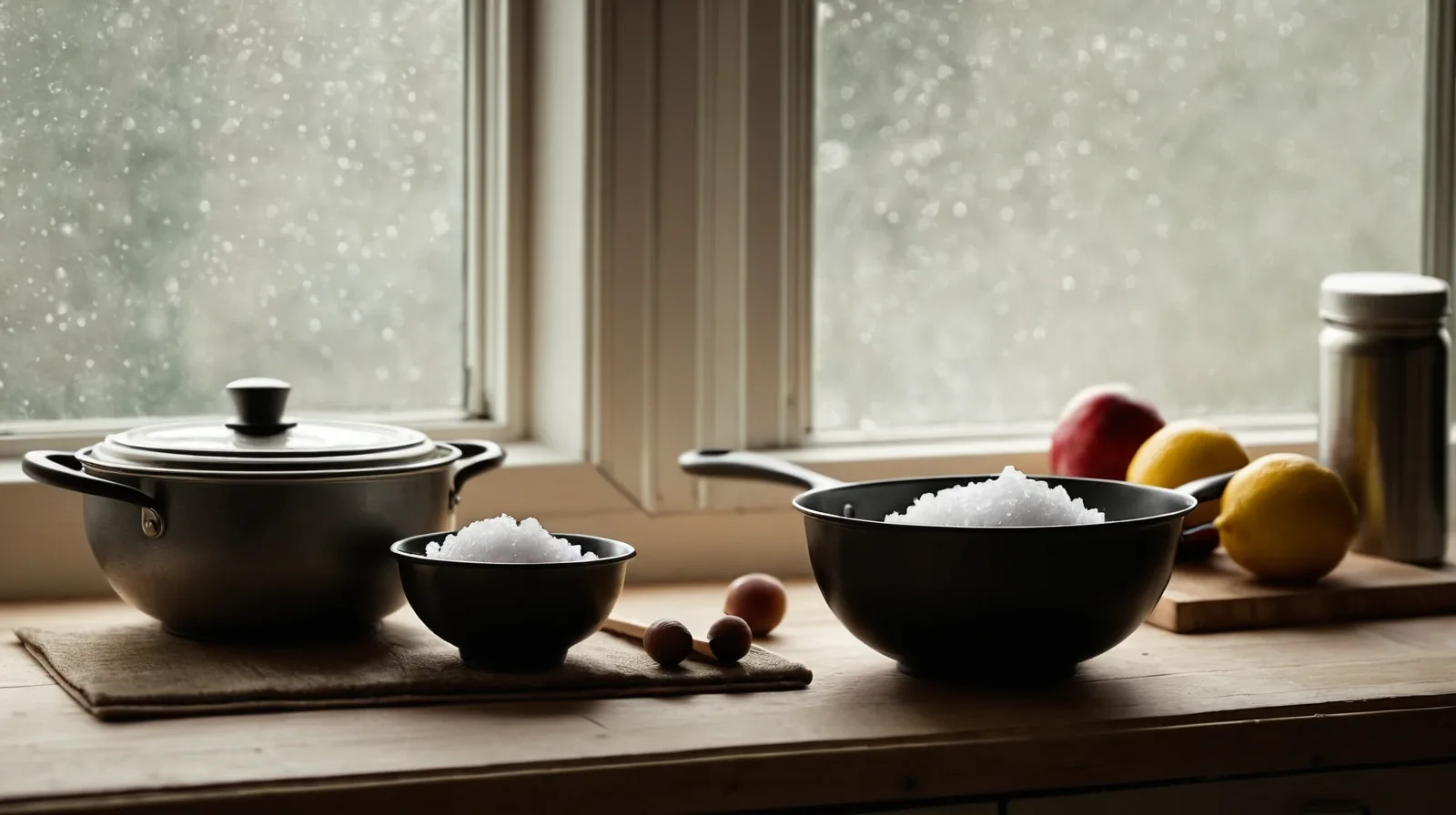 Three piles of salt crystals on a wooden surface