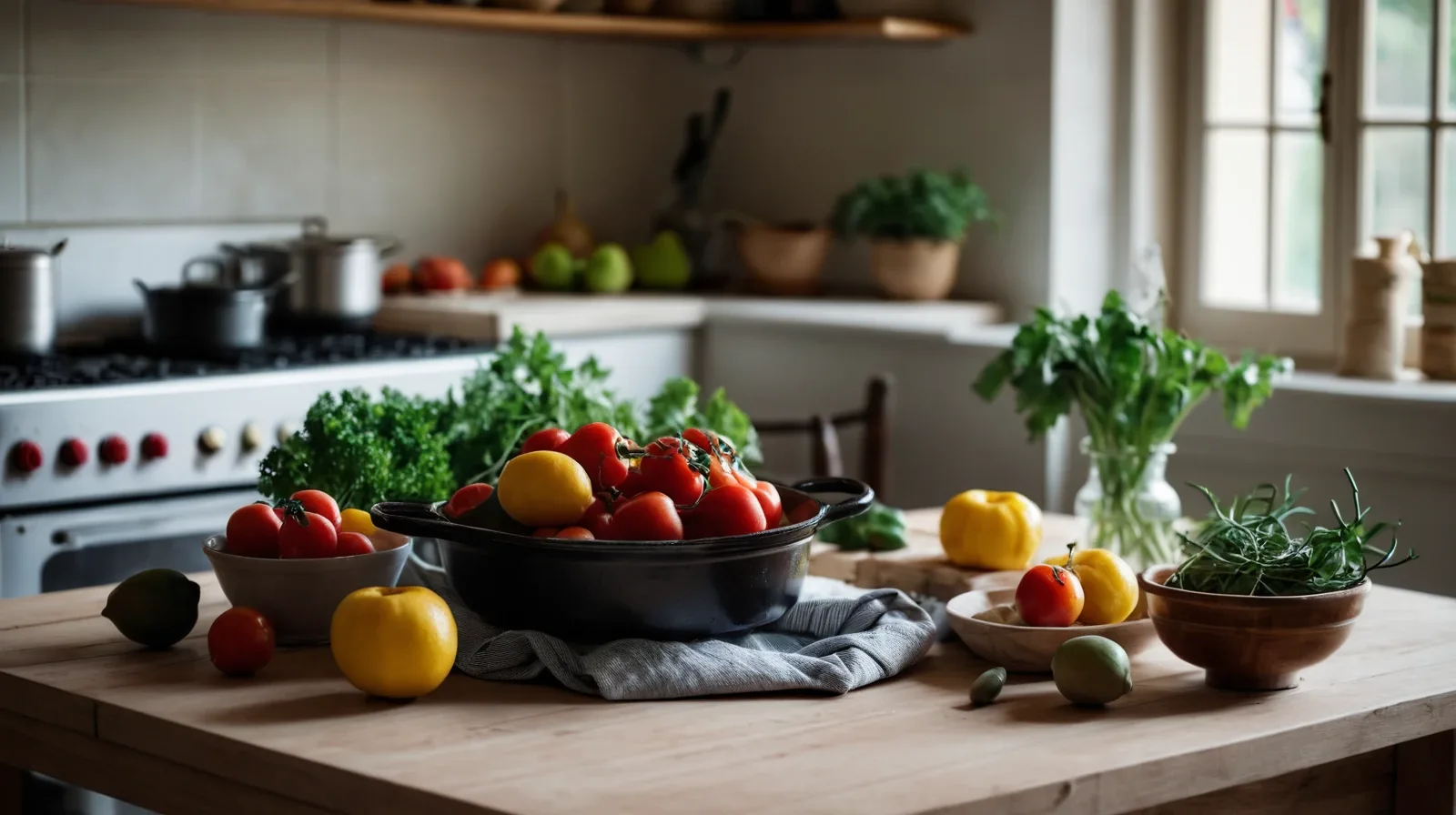 A rustic cast iron pot on a wooden table filled with a colorful stew.
