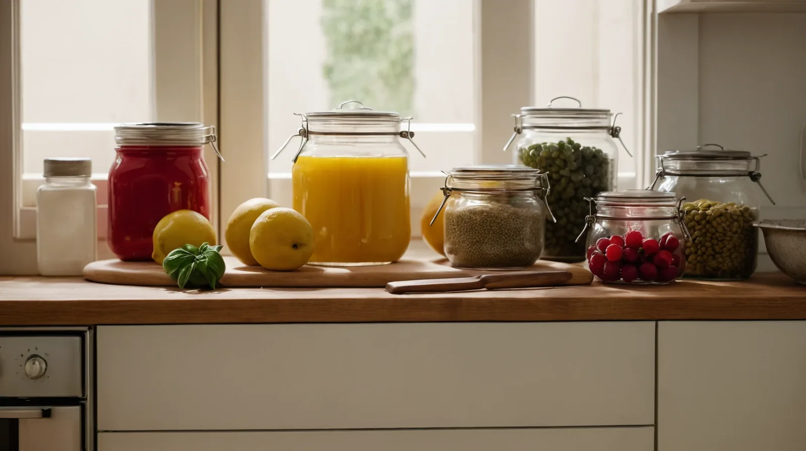 A well-stocked pantry with assorted canned goods, jars, and spices arranged neatly on wooden shelves.