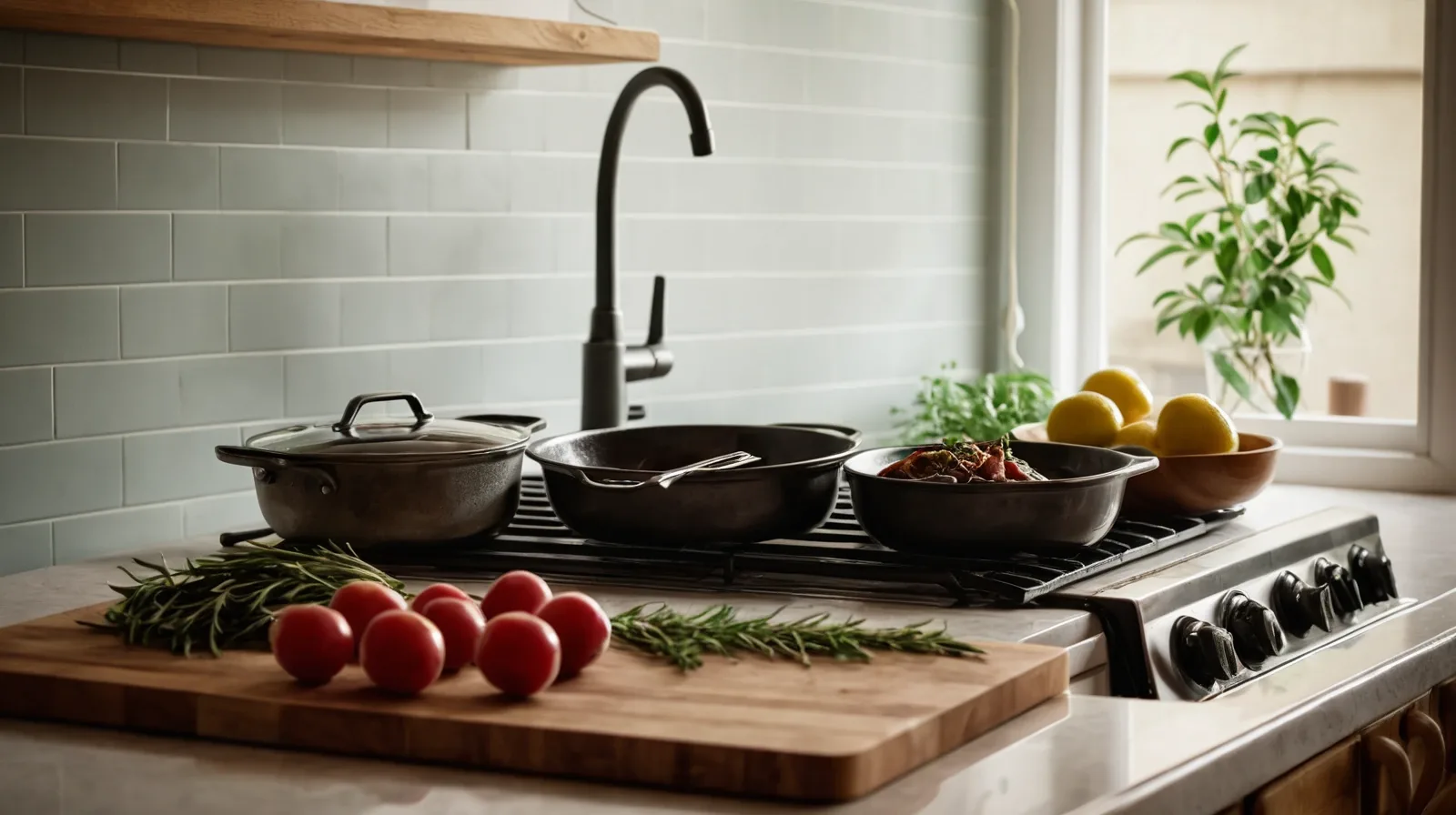 A close-up of a juicy steak on a wooden cutting board with fresh herbs scattered around.