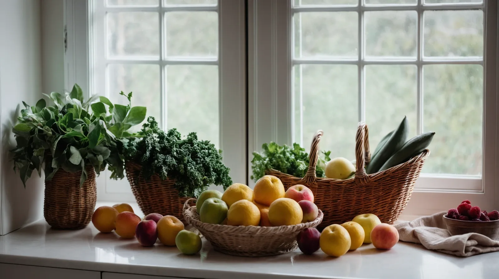 A colorful assortment of seasonal fruits and vegetables arranged on a wooden table.