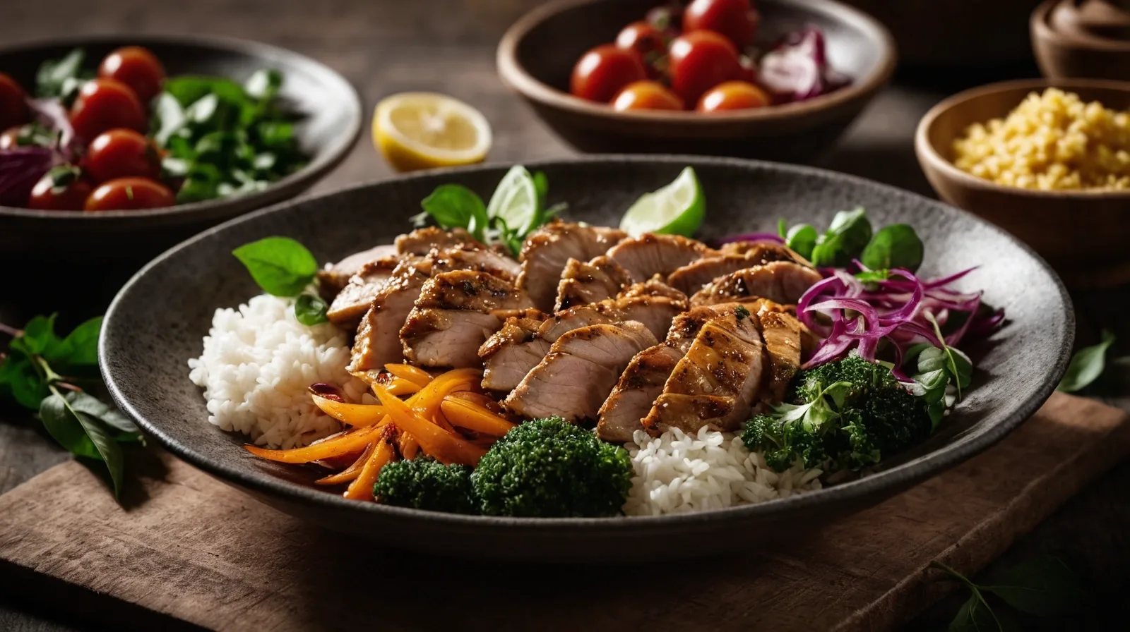 A variety of proteins marinating in colorful liquids in separate bowls