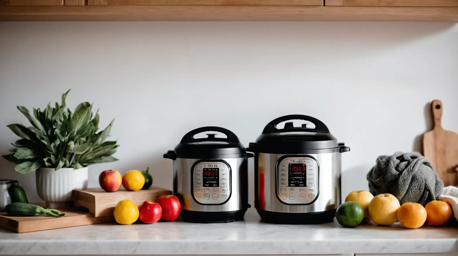 A slow cooker and an Instant Pot side by side on a kitchen counter