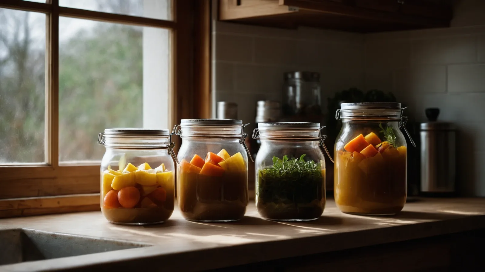 A steaming pot of golden liquid with aromatic herbs and vegetables simmering gently.