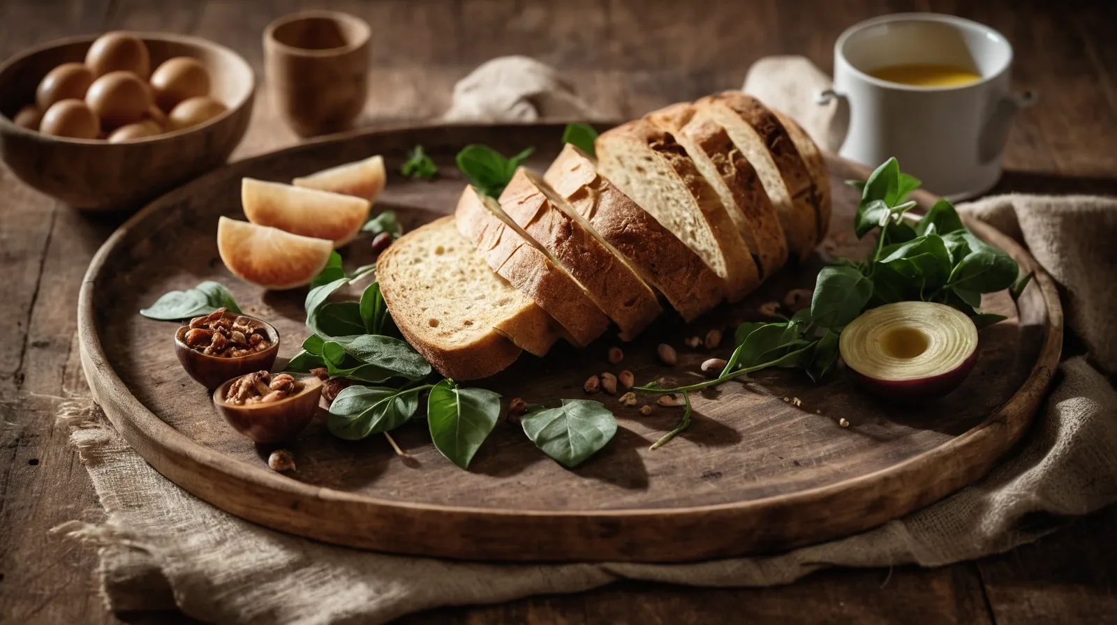 A rustic wooden bowl filled with assorted pieces of toasted bread and fresh herbs.