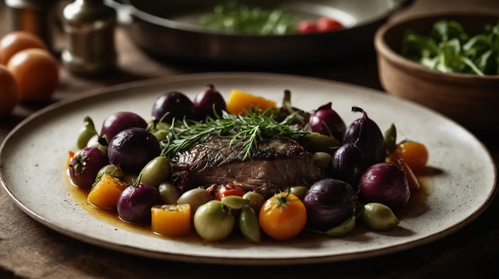 A rustic Dutch oven filled with tender chunks of meat and vegetables simmering in a rich broth.