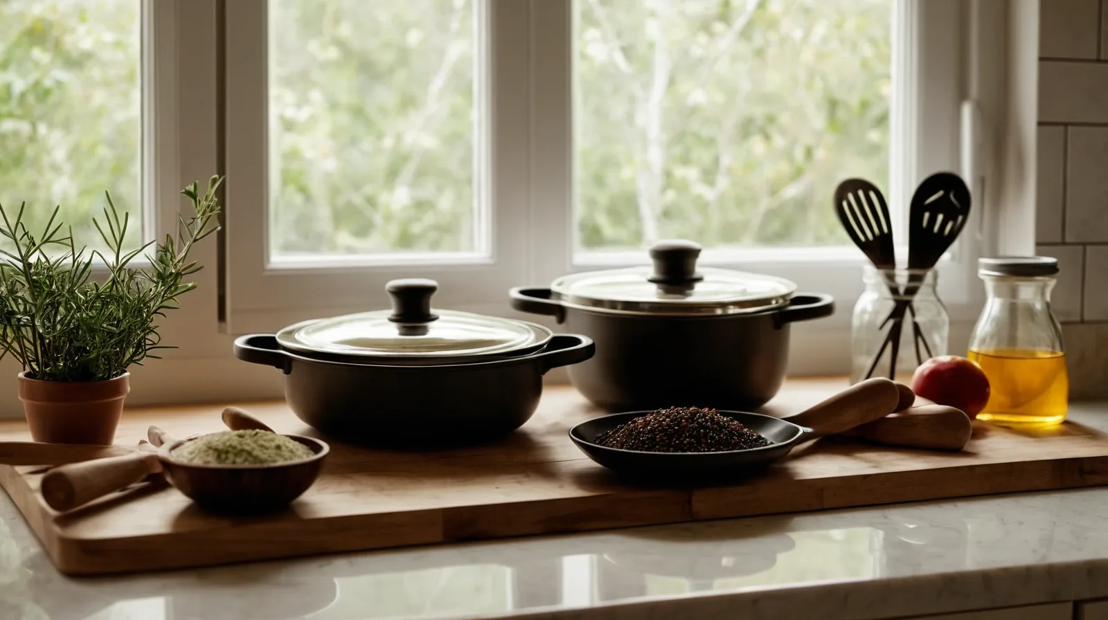 Close-up of a wooden cutting board with a pile of spices on one side and a bowl of liquid marinade on the other.